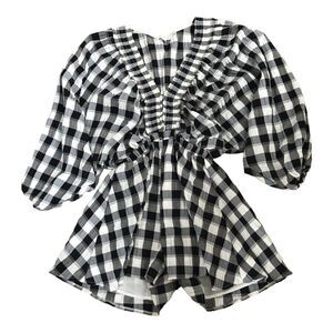 Maple Womens V Neck Gingam Checkered Puff Sleeve Beach‎ Romper Size Sz Med